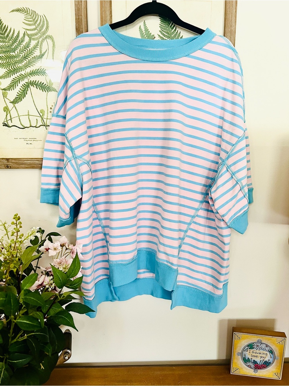 Pastel Pink & Blue Striped Short Sleeve Terry Top